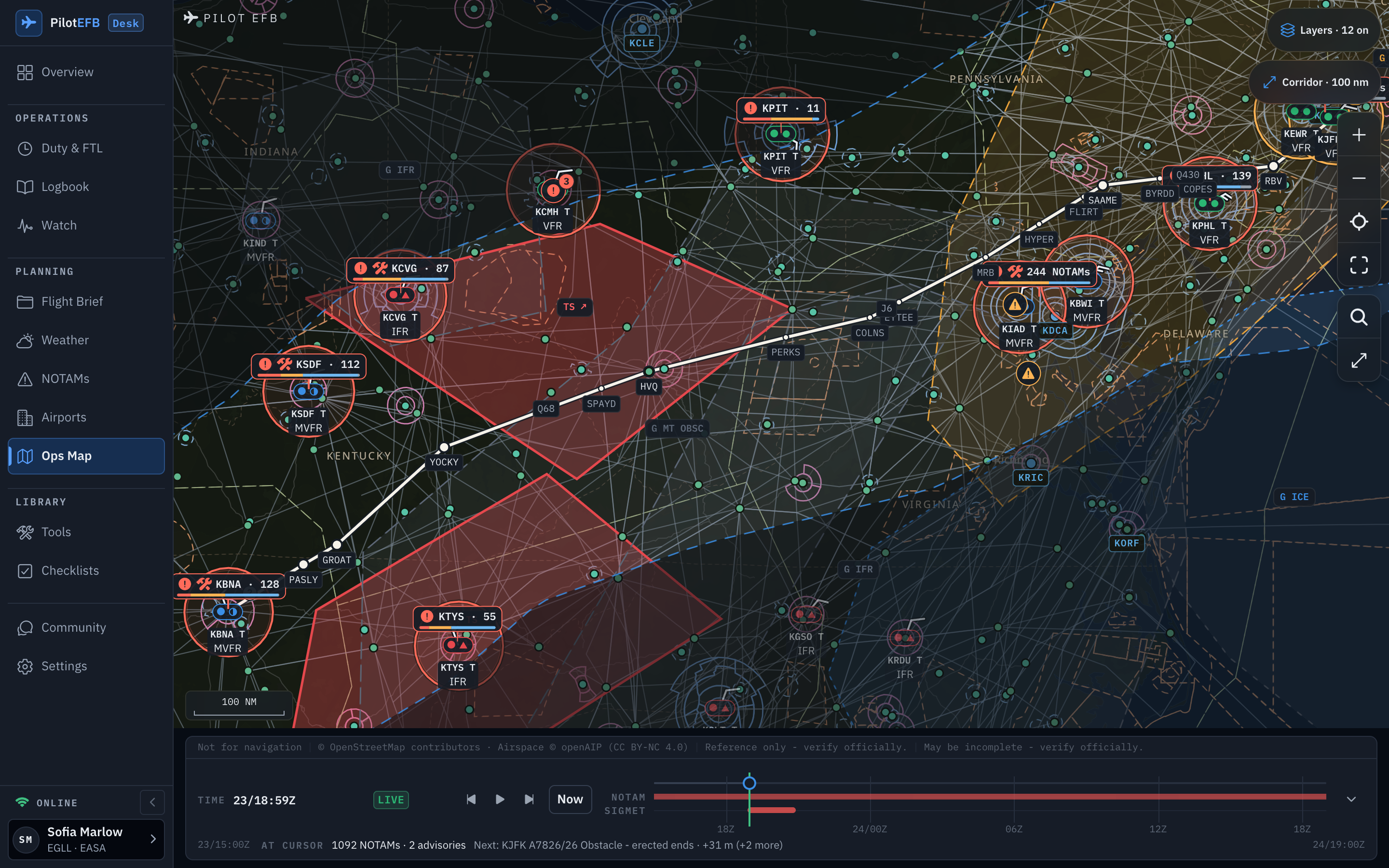 The Pilot EFB Desk Ops Map in a browser with the pasted route KJFK RBV Q430 SAAME J6 HVQ Q68 YOCKY GROAT PASLY5 KBNA drawn from New York to Nashville, the airways labelled along it, the dashed 100 nautical mile corridor with the chart dimmed outside it, NOTAM pills at the fields along the route counting active NOTAMs by severity, red thunderstorm SIGMET areas, station plots, and the time bar reading LIVE Shown in the app's dark appearance.