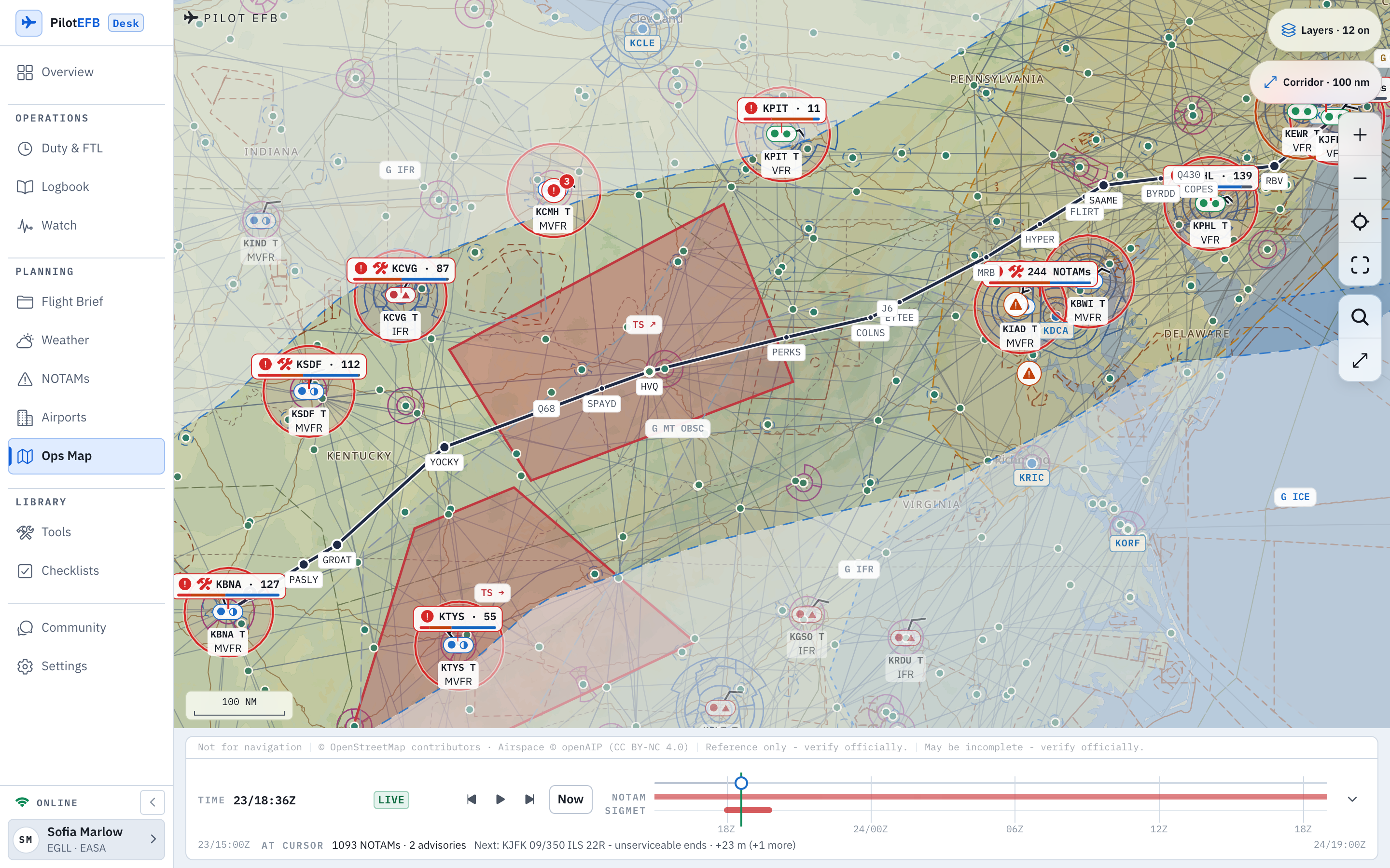 The Pilot EFB Desk Ops Map in a browser with the pasted route KJFK RBV Q430 SAAME J6 HVQ Q68 YOCKY GROAT PASLY5 KBNA drawn from New York to Nashville, the airways labelled along it, the dashed 100 nautical mile corridor with the chart dimmed outside it, NOTAM pills at the fields along the route counting active NOTAMs by severity, red thunderstorm SIGMET areas, station plots, and the time bar reading LIVE