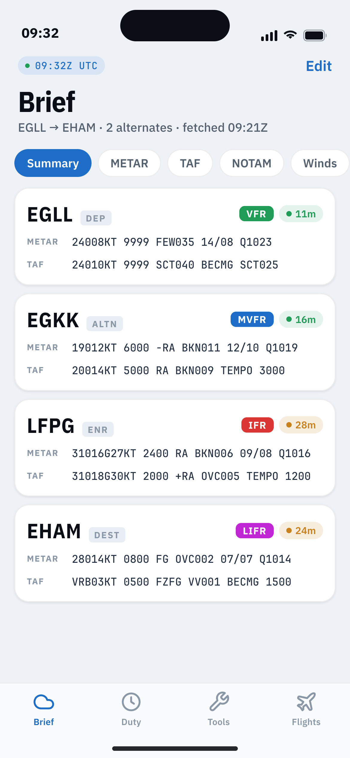 Briefing summary screen showing METAR and TAF cards with flight-rules badges.
