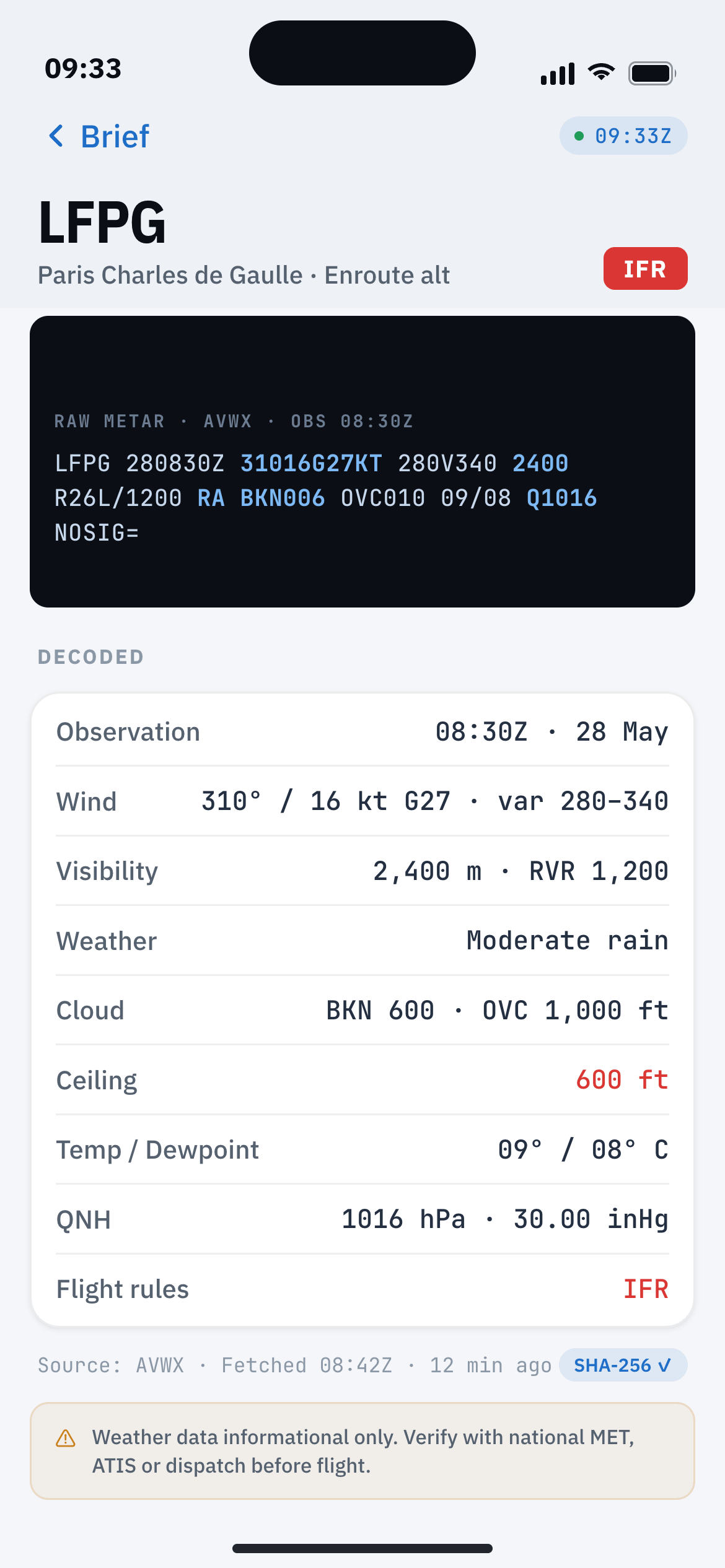 METAR detail screen with raw text and decoded weather fields.